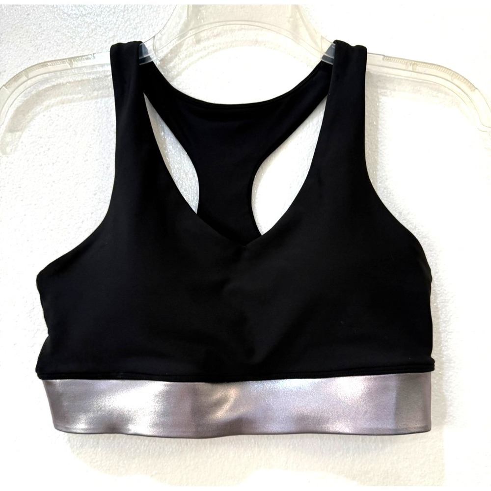 Bloomingdale's Aqua Athletic Sz SM‎ Black with Silver Band Racerback Sports Bra